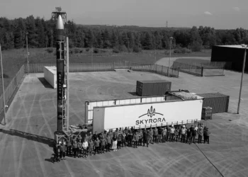 Skyrora team photo with Skylark L rocket