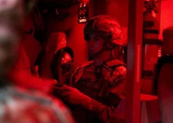 The British Army firing a laser weapon from an armoured vehicle for the first time, successfully destroying flying drones. Credit: Charlie Perham, MoD