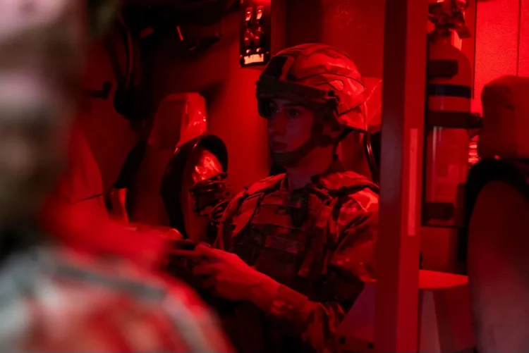 The British Army firing a laser weapon from an armoured vehicle for the first time, successfully destroying flying drones. Credit: Charlie Perham, MoD