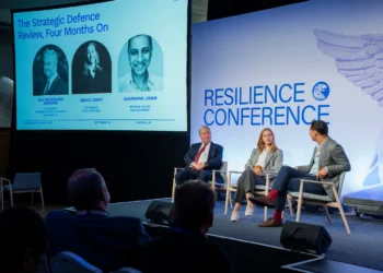 General Sir Richard Barrons, Grace Cassy, and Shashank Joshi on stage at Resilience Conference 2025
