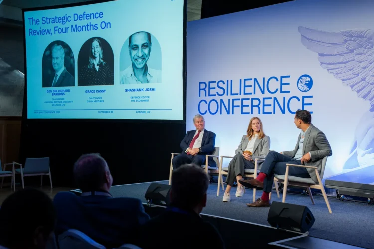 General Sir Richard Barrons, Grace Cassy, and Shashank Joshi on stage at Resilience Conference 2025