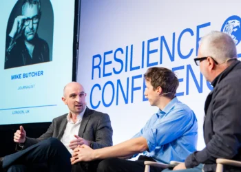Will Blythe, Arondite; Walter Goodwin, Fractile; and Mike Butcher on stage at Resilience Conference 2025
