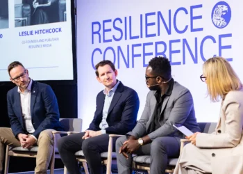 Dr Rich Drake, Anduril; Cameron McCord, Nominal; Oluseun Taiwo, Solideon; on stage at Resilience Conference with Leslie Hitchcock