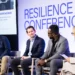 Dr Rich Drake, Anduril; Cameron McCord, Nominal; Oluseun Taiwo, Solideon; on stage at Resilience Conference with Leslie Hitchcock