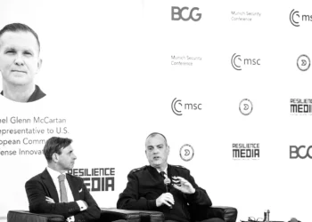 LtGen (ret.), Dr. Dennis Gyllenspore, Chairperson, NATO DIANA; Major General Edward Vaughan, Executive Director, Joint Rapid Acquisition Cell on stage in Munich. Photo credit MSC/Alexander Koerner