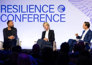 Helsing’s Torsten Reil, General Catalyst’s Jeannette zü Furstenberg, and Tom Mackenzie of Bloomberg on stage at Resilience Conference 2025