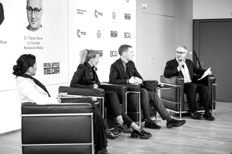 Kelly Chen, Partner, NATO Innovation Fund; Eveline Buchatskiy, Managing Partner, D3; Rob Murray, Chief Innovation Officer, Saab; and Dr Tobias Stone, Co-founder, Resilience Media, on stage in Munich. Photo credit MSC/Alexander Koerner