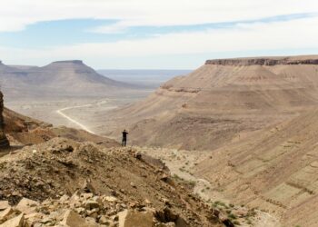 person standing at the edge of a rock mountain facing the mountains during day
