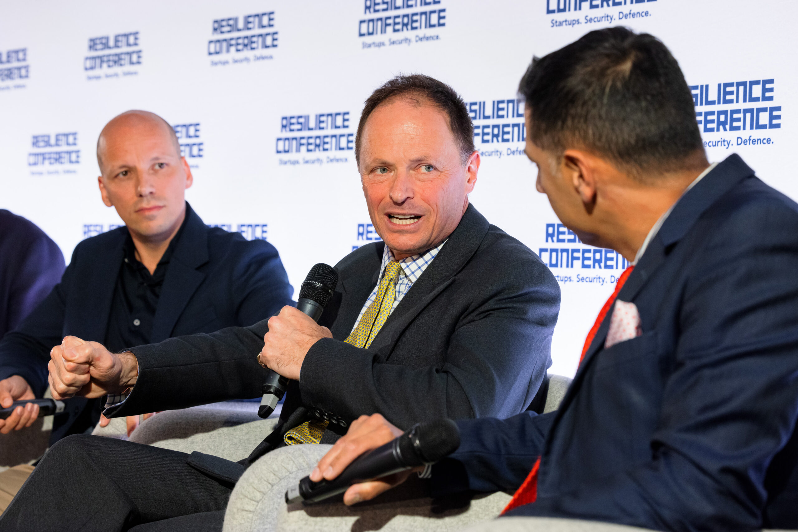 Dr Gundbert Scherf, co-CEO, Helsing; General Sir Roly Walker, Chief of the General Staff, British Army; and Shashank Joshi, Defence Editor, the Economist on stage at Resilience Conference 2024