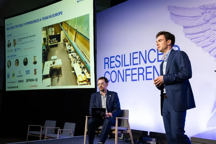 Philip Kerth, Founder & CEO, Hypersonica and Matt Burns, Resilience Media, on stage during the Launch at Resilience Conference startup showcase 2025.