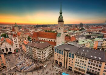 aerial view of city buildings during sunset