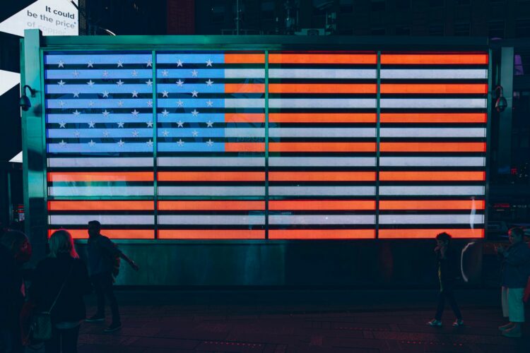 shallow focus photo of flag of United States of America neon light