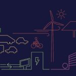 Line illustration showing trucks, cars and a cyclist, alongside a wind turbine, solar panel, power lines, buildings and a data centre, depicting energy infrastructure