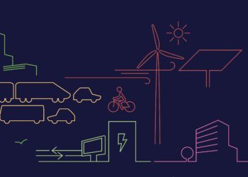 Line illustration showing trucks, cars and a cyclist, alongside a wind turbine, solar panel, power lines, buildings and a data centre, depicting energy infrastructure