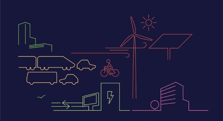 Line illustration showing trucks, cars and a cyclist, alongside a wind turbine, solar panel, power lines, buildings and a data centre, depicting energy infrastructure