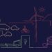 Line illustration showing trucks, cars and a cyclist, alongside a wind turbine, solar panel, power lines, buildings and a data centre, depicting energy infrastructure