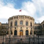 Parliament building with the norwegian flag waving.