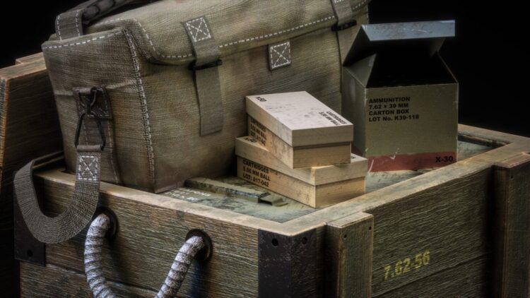 Military canvas bag and boxes on wooden crates