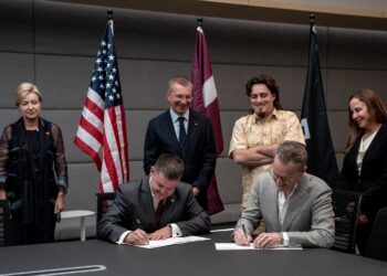 Latvian President Edgars Rinkēvičs meets Anduril co-founder Palmer Luckey during the ORIGIN-Anduril MoU signing in Los Angeles. (September 24, 2026)
